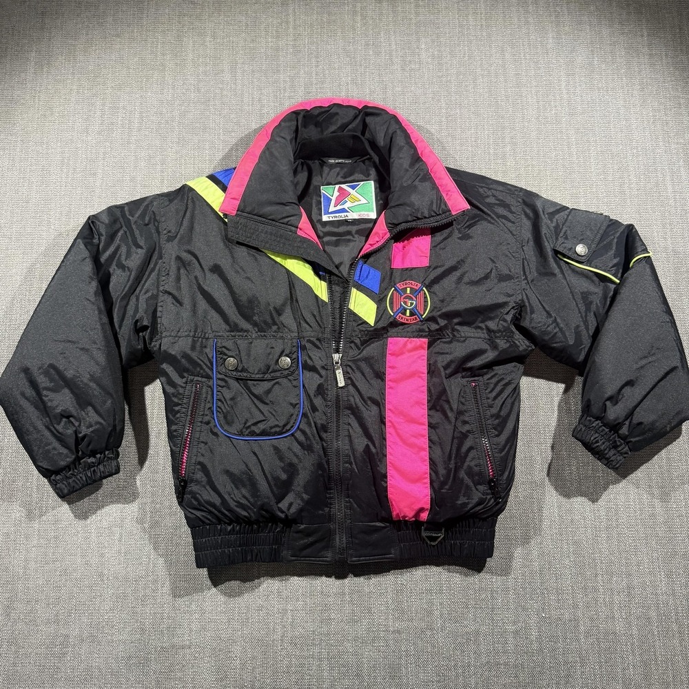Vintage‎ Tyrolia Jacket Youth 12 Black Neon Skiwear Colorblock Hong Kong 80s